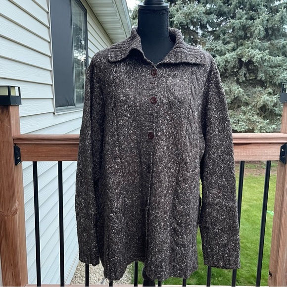 LL Bean Womens Size 2X Cable Knit Wool Blend Cardigan Sweater Speckled Fisherman - Picture 1 of 13